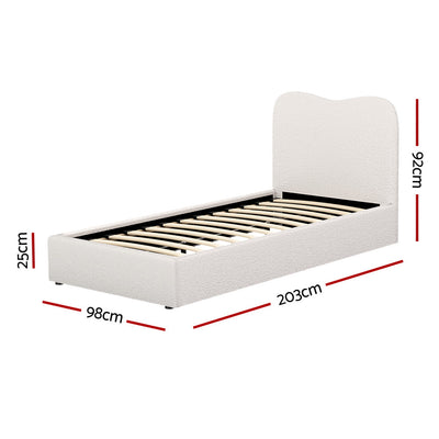 Albany Single Boucle Bed Frame - Cream White with curved headboard, wooden slats, and upholstered boucle fabric