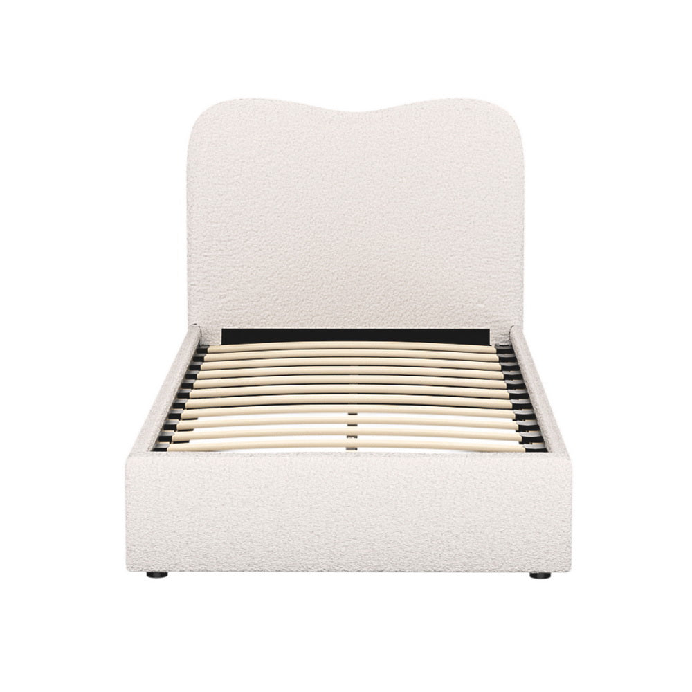 Albany Single Boucle Bed Frame - Cream White with tufted headboard and wooden slats, upholstered in boucle fabric