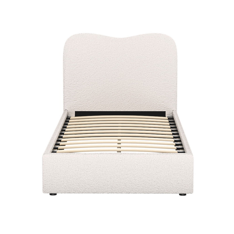 Albany Single Boucle Bed Frame - Cream White with tufted headboard and wooden slats, upholstered in boucle fabric