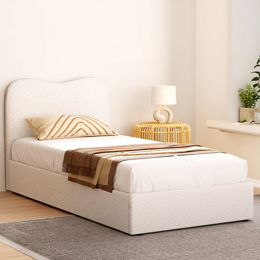 Single Premium Package | Albany Boucle Bed Frame Cream White, Alanya Euro Top Pocket Spring Mattress (Medium Firm) & Pillowtop Mattress Topper
