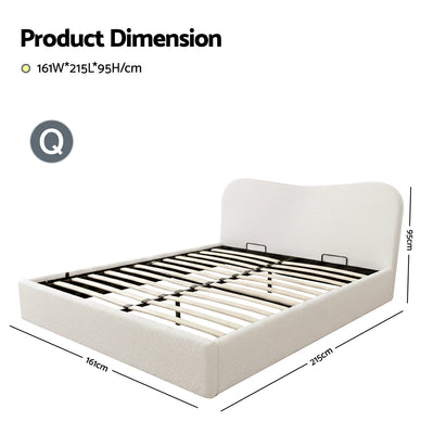 Darragh Queen Boucle Gaslift Storage Bed Frame – White with solid pine wood frame and slatted base, shown with dimensions.