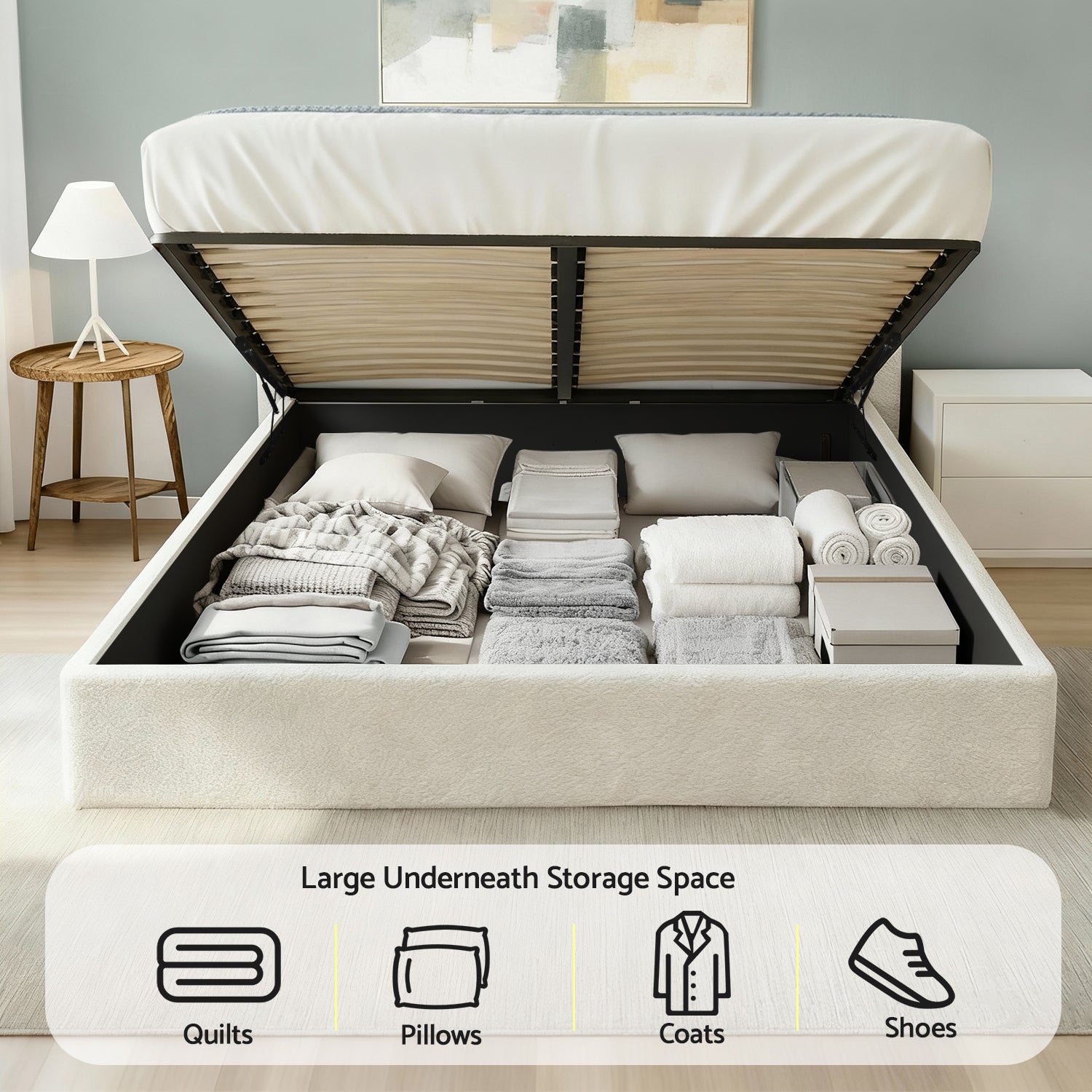 Darragh Queen Boucle Gaslift Storage Bed Frame – White with open storage space showing neatly folded bedding and linens inside