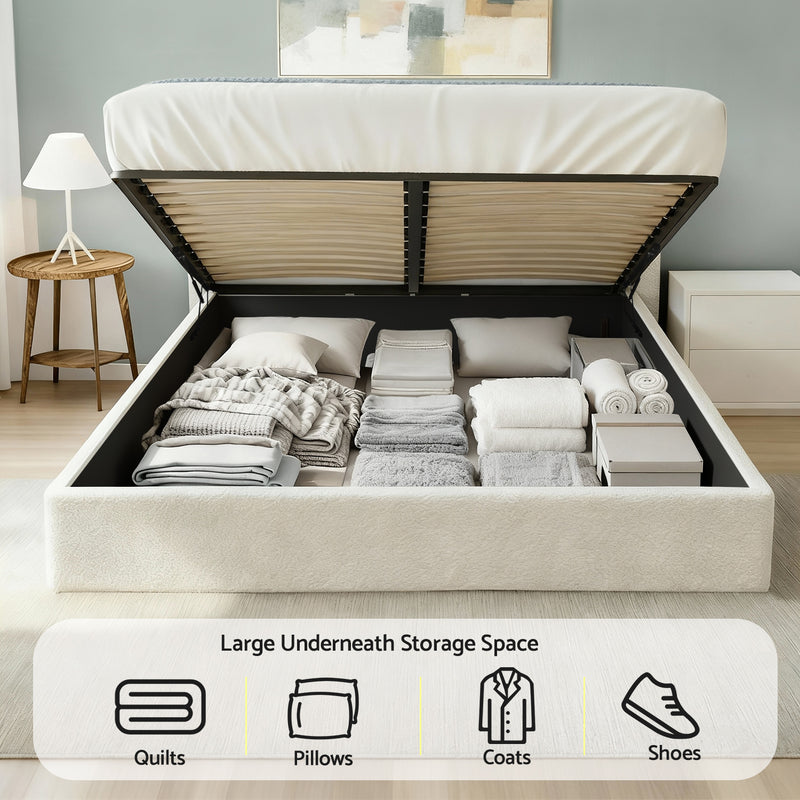 Darragh Queen Boucle Gaslift Storage Bed Frame – White with open storage space showing neatly folded bedding and linens inside