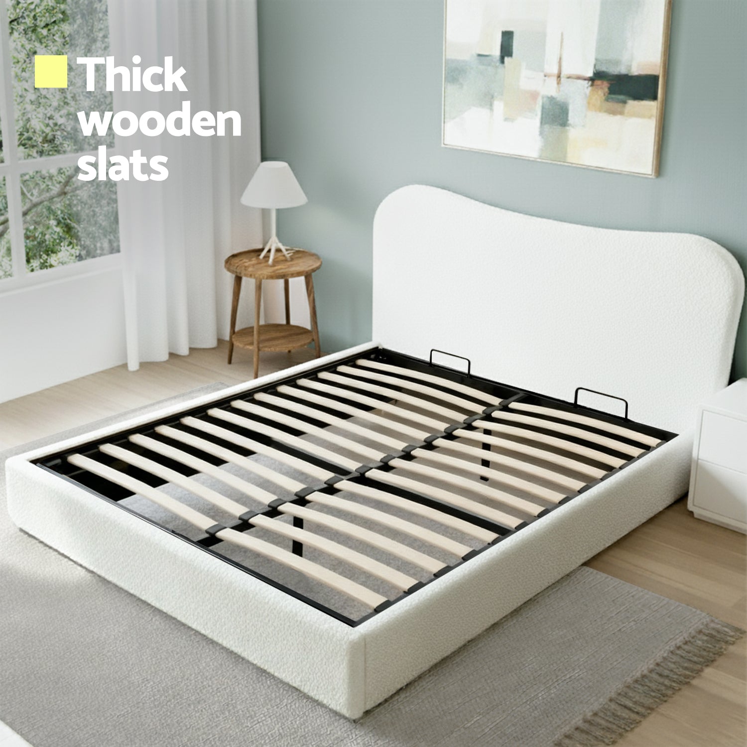 Darragh Queen Boucle Gaslift Storage Bed Frame – White with thick wooden slats and soft boucle upholstery in modern bedroom setting