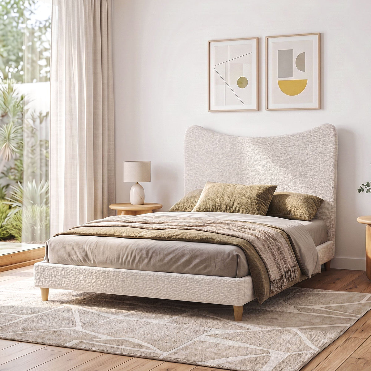 Double Bed Frame with Curved Boucle Headboard, 300kg Capacity - Beige