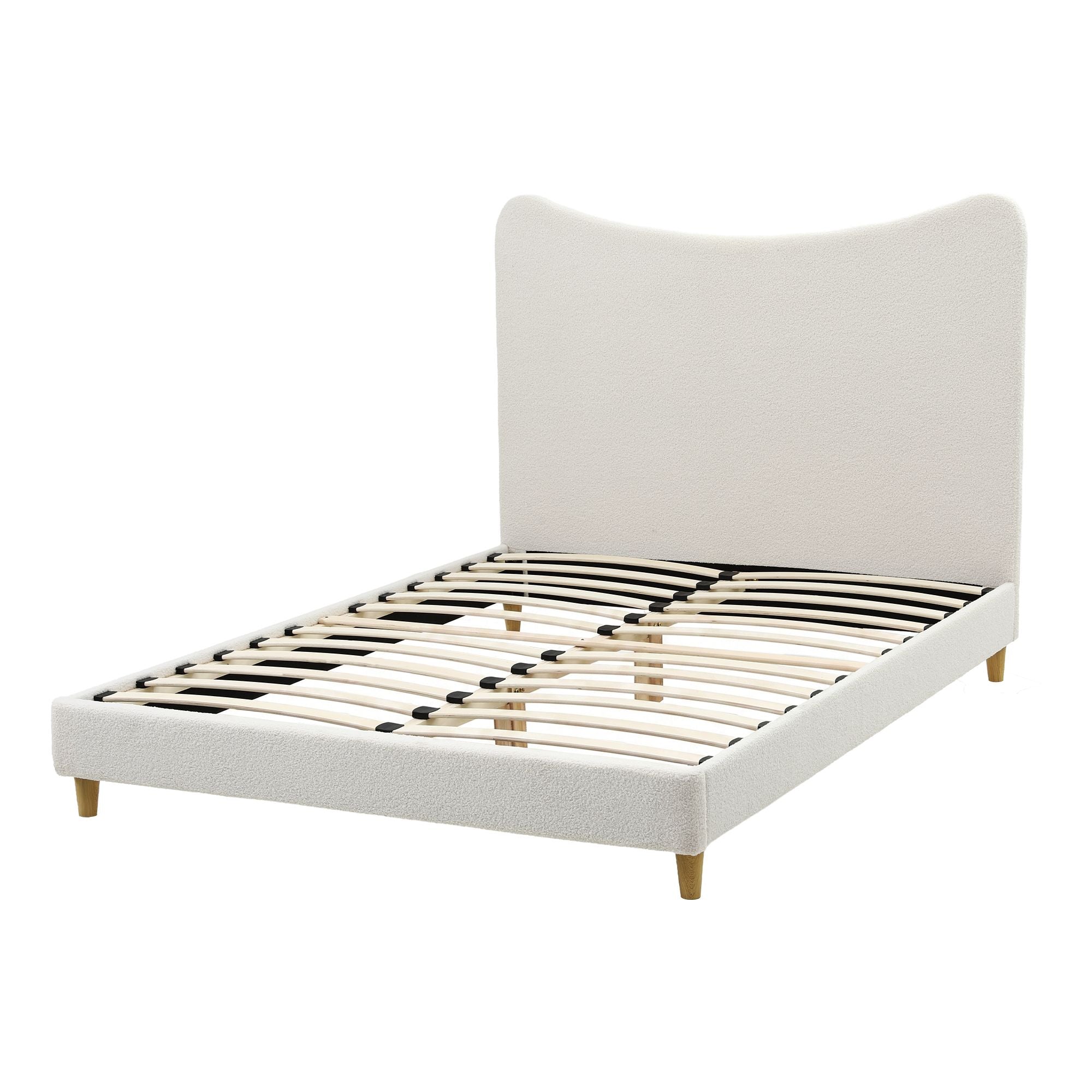 Double Bed Frame with Curved Boucle Headboard, 300kg Capacity - Beige