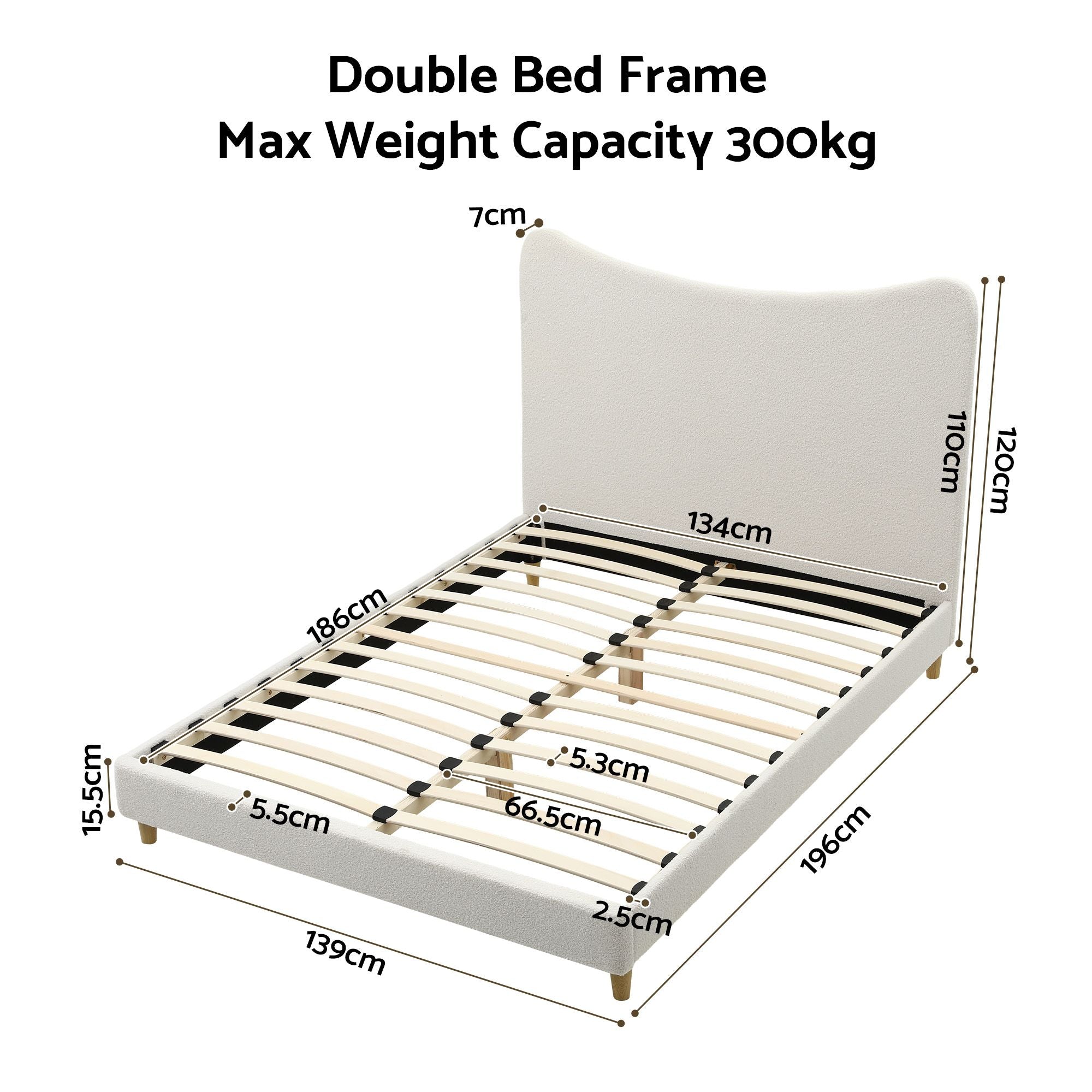 Double Bed Frame with Curved Boucle Headboard, 300kg Capacity - Beige