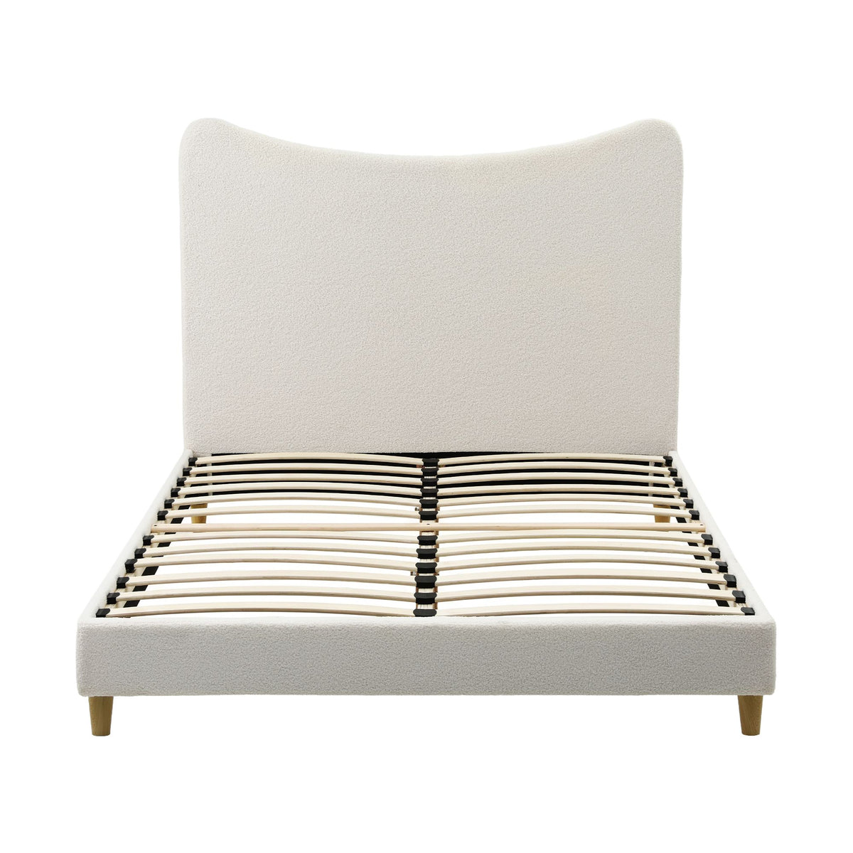 Double Bed Frame with Curved Boucle Headboard, 300kg Capacity - Beige