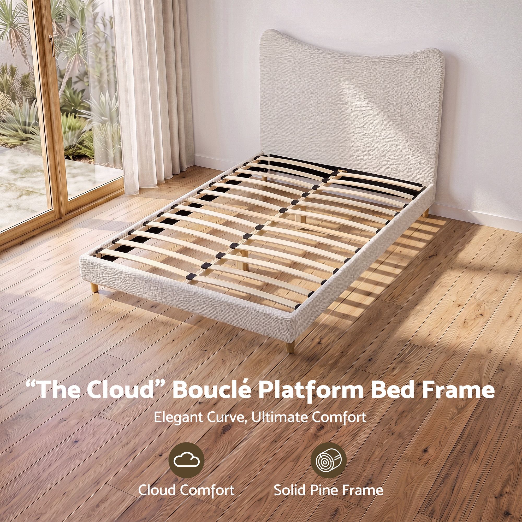 Double Bed Frame with Curved Boucle Headboard, 300kg Capacity - Beige