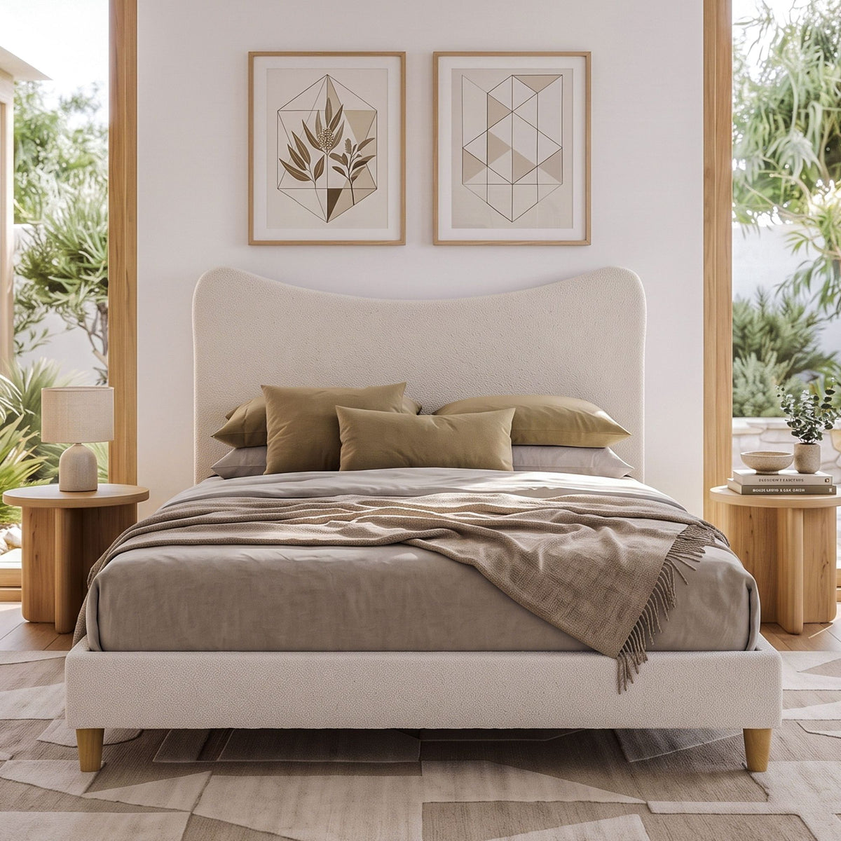 Double Bed Frame with Curved Boucle Headboard, 300kg Capacity - Beige