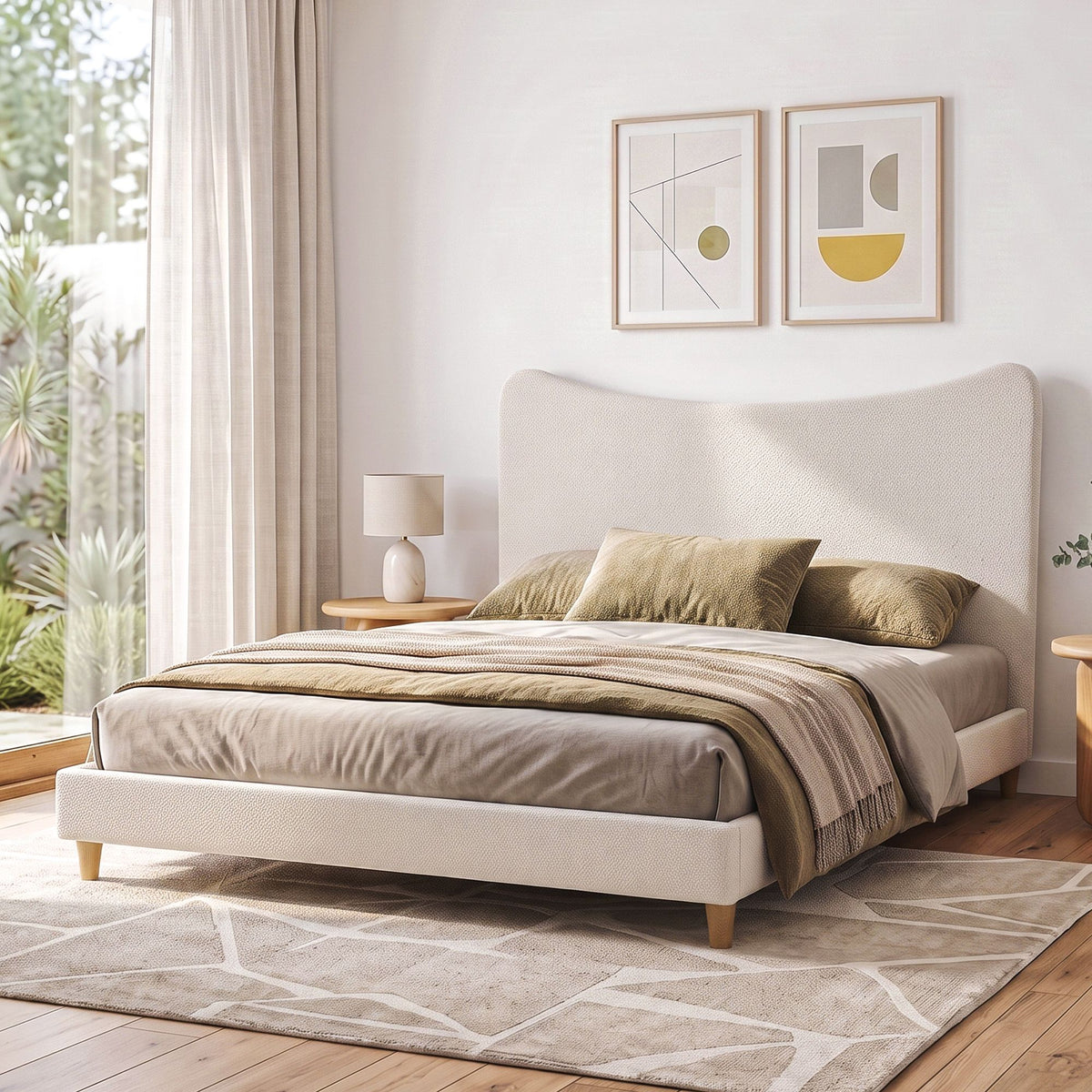 Queen Bed Frame with Curved Boucle Headboard 300kg Capacity - Beige