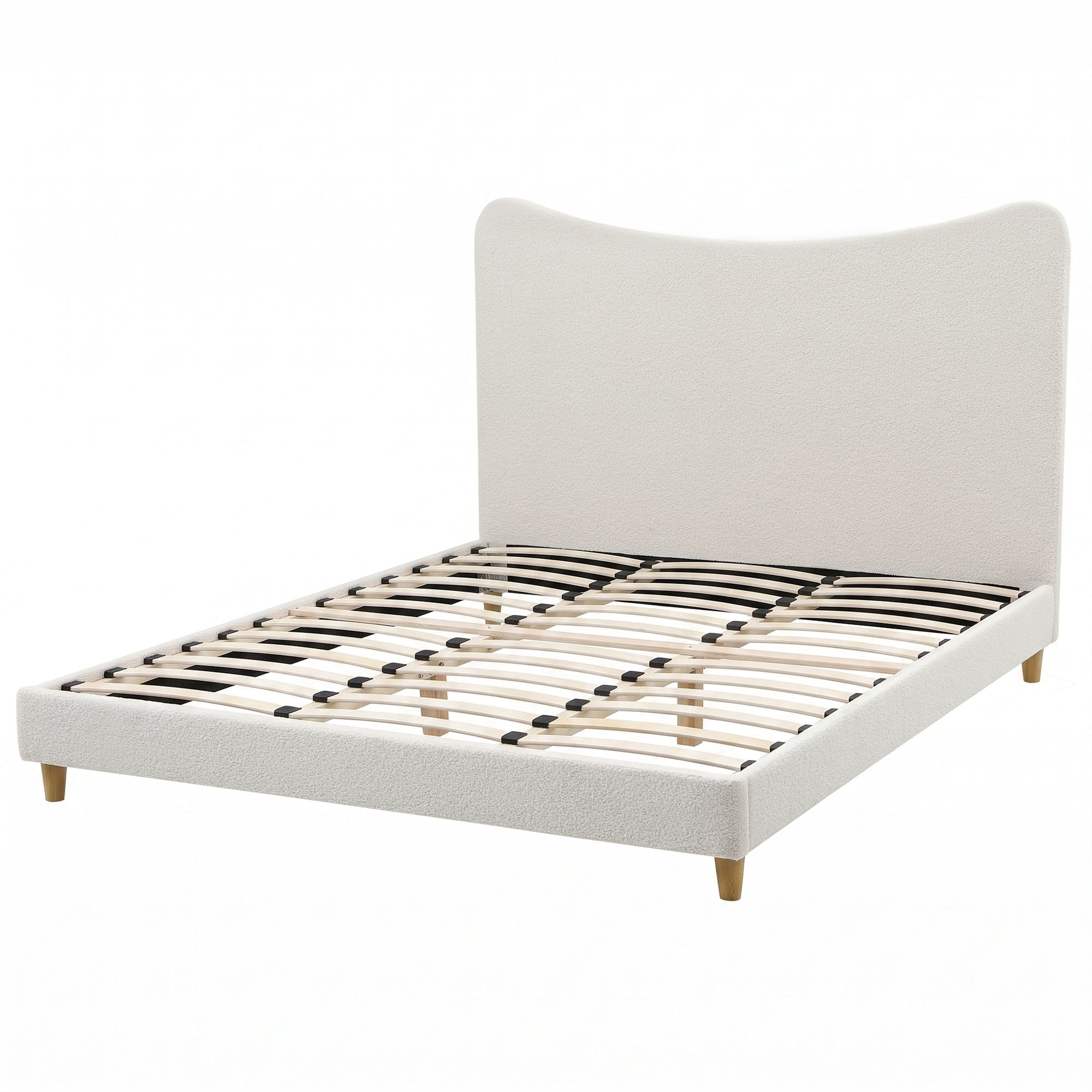 Queen Bed Frame with Curved Boucle Headboard 300kg Capacity - Beige