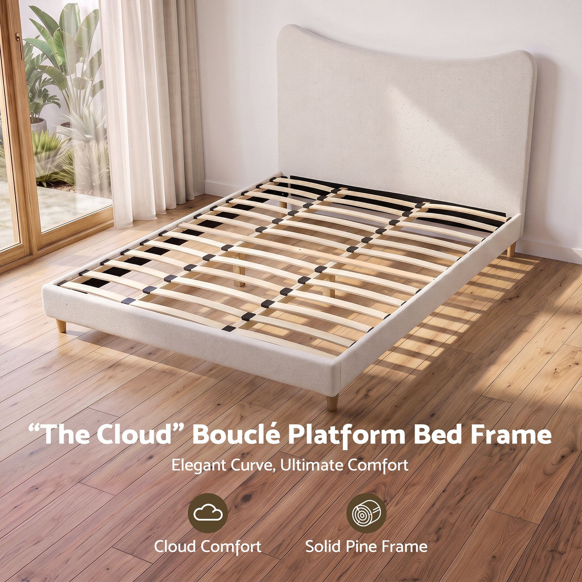 Queen Bed Frame with Curved Boucle Headboard 300kg Capacity - Beige