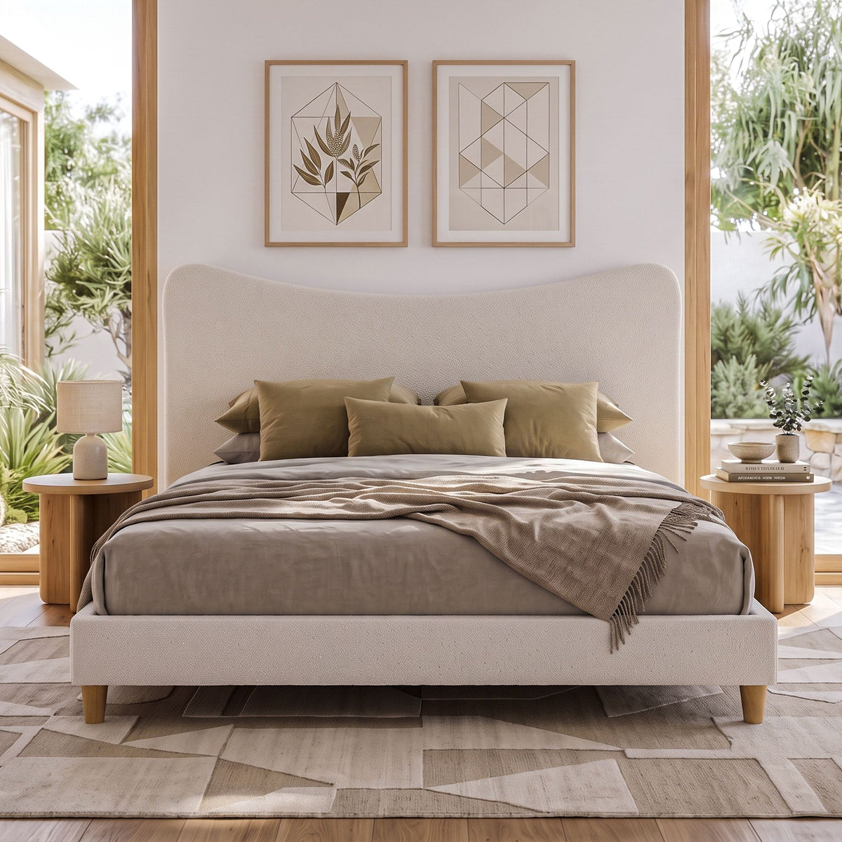 Queen Bed Frame with Curved Boucle Headboard 300kg Capacity - Beige