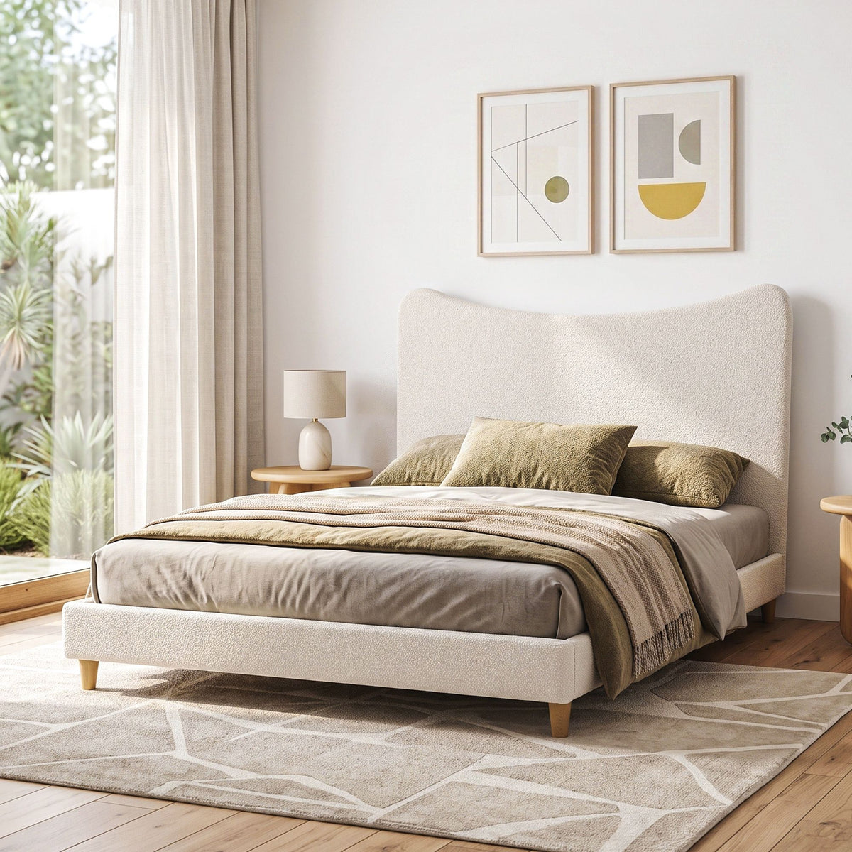 Queen Bed Frame with Curved Boucle Headboard 300kg Capacity - Beige