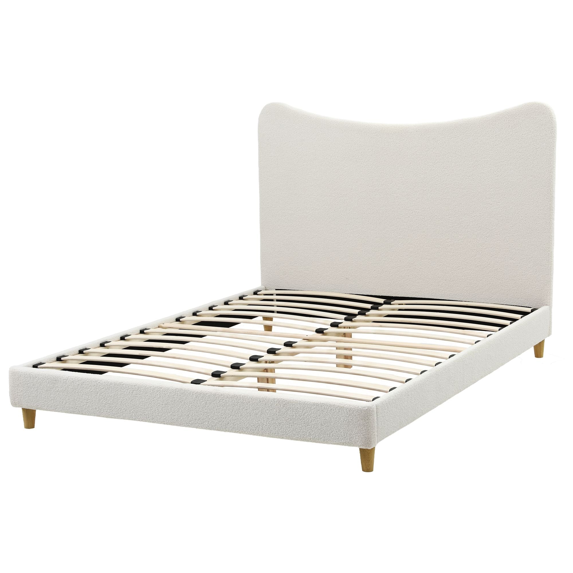Queen Bed Frame with Curved Boucle Headboard 300kg Capacity - Beige