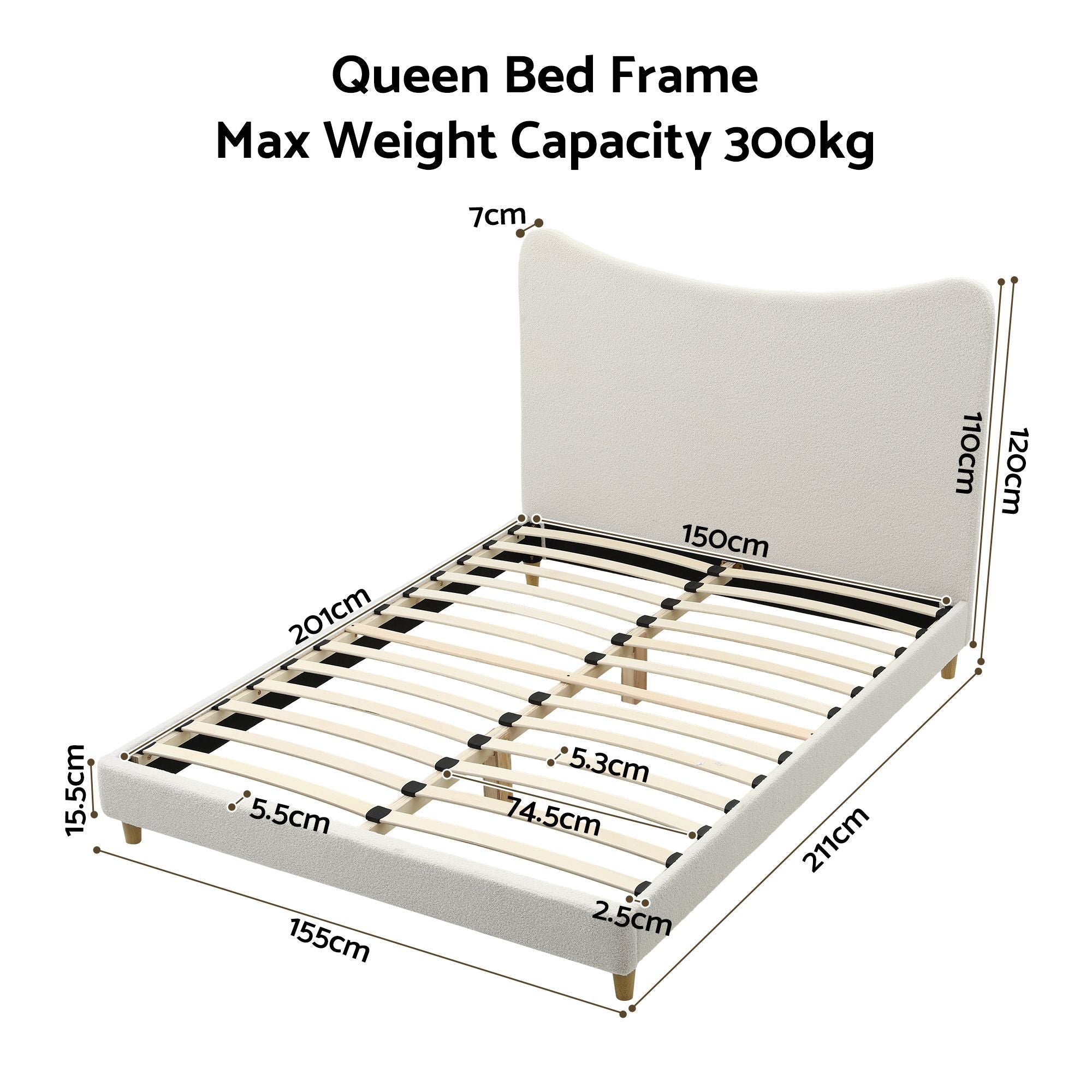 Queen Bed Frame with Curved Boucle Headboard 300kg Capacity - Beige