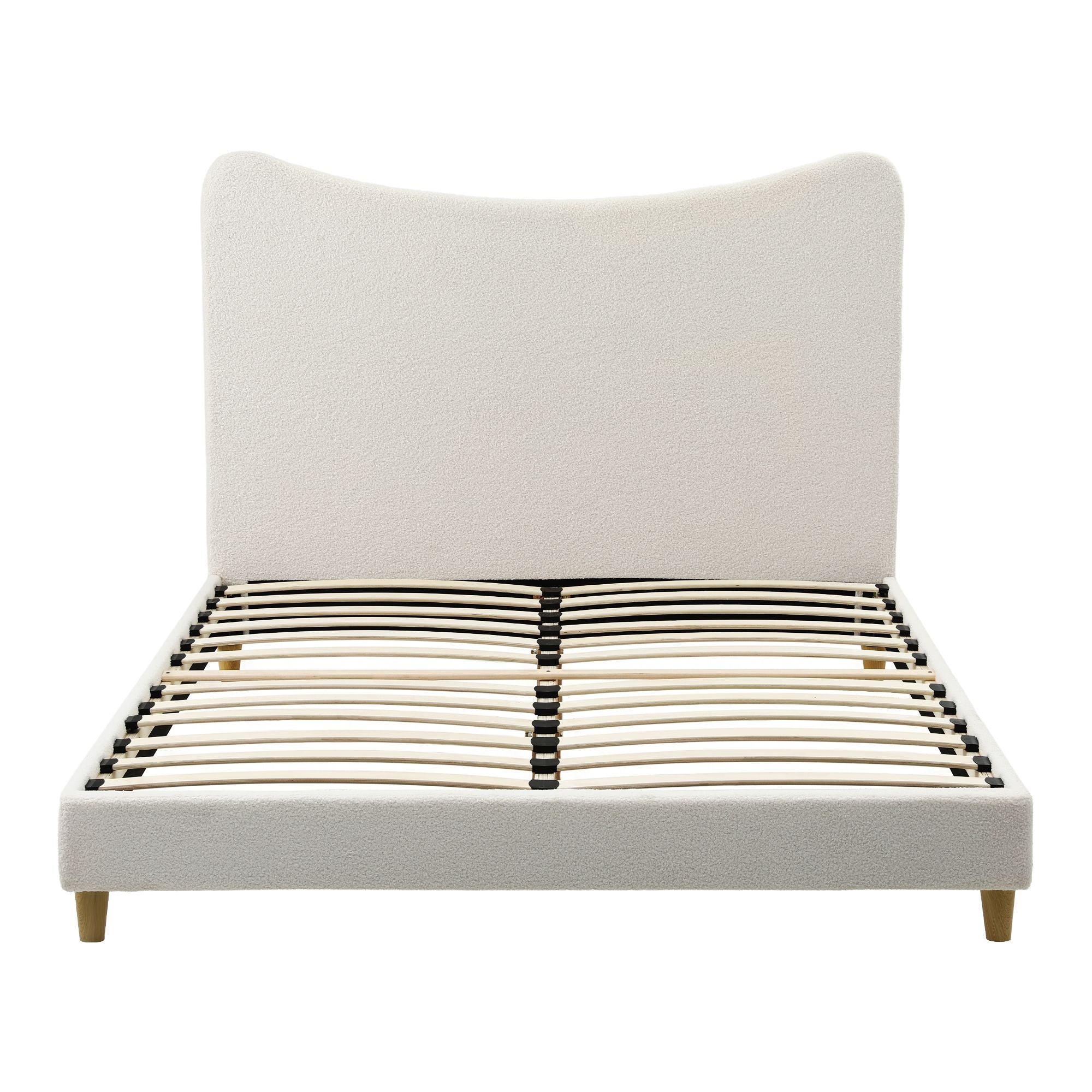 Queen Bed Frame with Curved Boucle Headboard 300kg Capacity - Beige