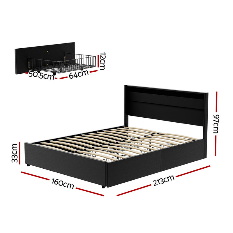Dunelight LED Queen Bed Frame with 4 Storage Drawers - Black, featuring wooden slats and storage basket dimensions.