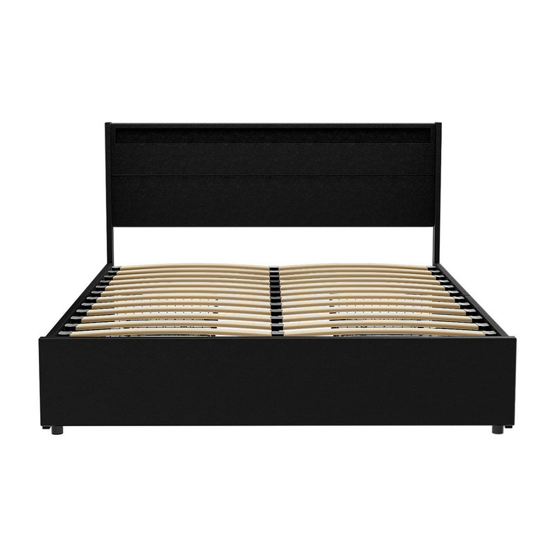 Dunelight LED Queen Bed Frame with 4 Storage Drawers - Black, wooden slats and modern black upholstered design
