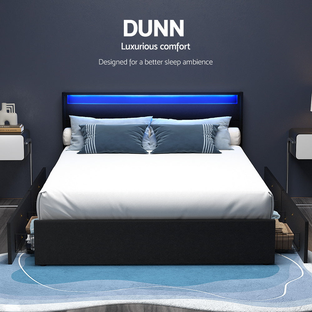 Dunelight LED Queen Bed Frame with 4 Storage Drawers - Black, with blue LED headboard lighting and storage compartments
