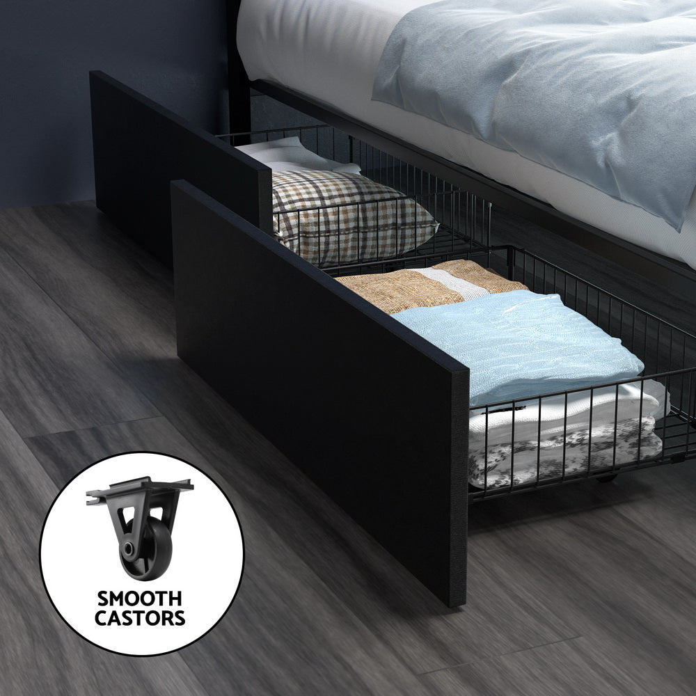 Dunelight LED Queen Bed Frame with 4 Storage Drawers - Black showing open underbed drawer with folded linens on wooden floor