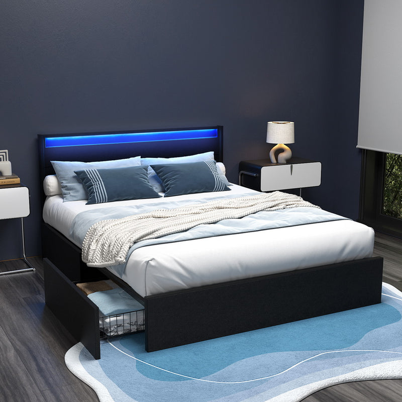 Dunelight LED Queen Bed Frame with 4 Storage Drawers - Black, blue LED-lit headboard, modern bedroom furniture with open storage drawer