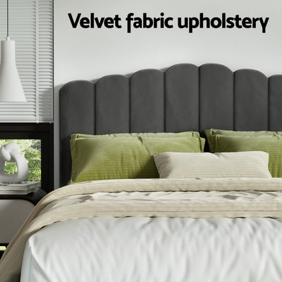 Fion Double Velvet Storage Bed - Grey with scalloped velvet headboard and green pillows in modern bedroom setting