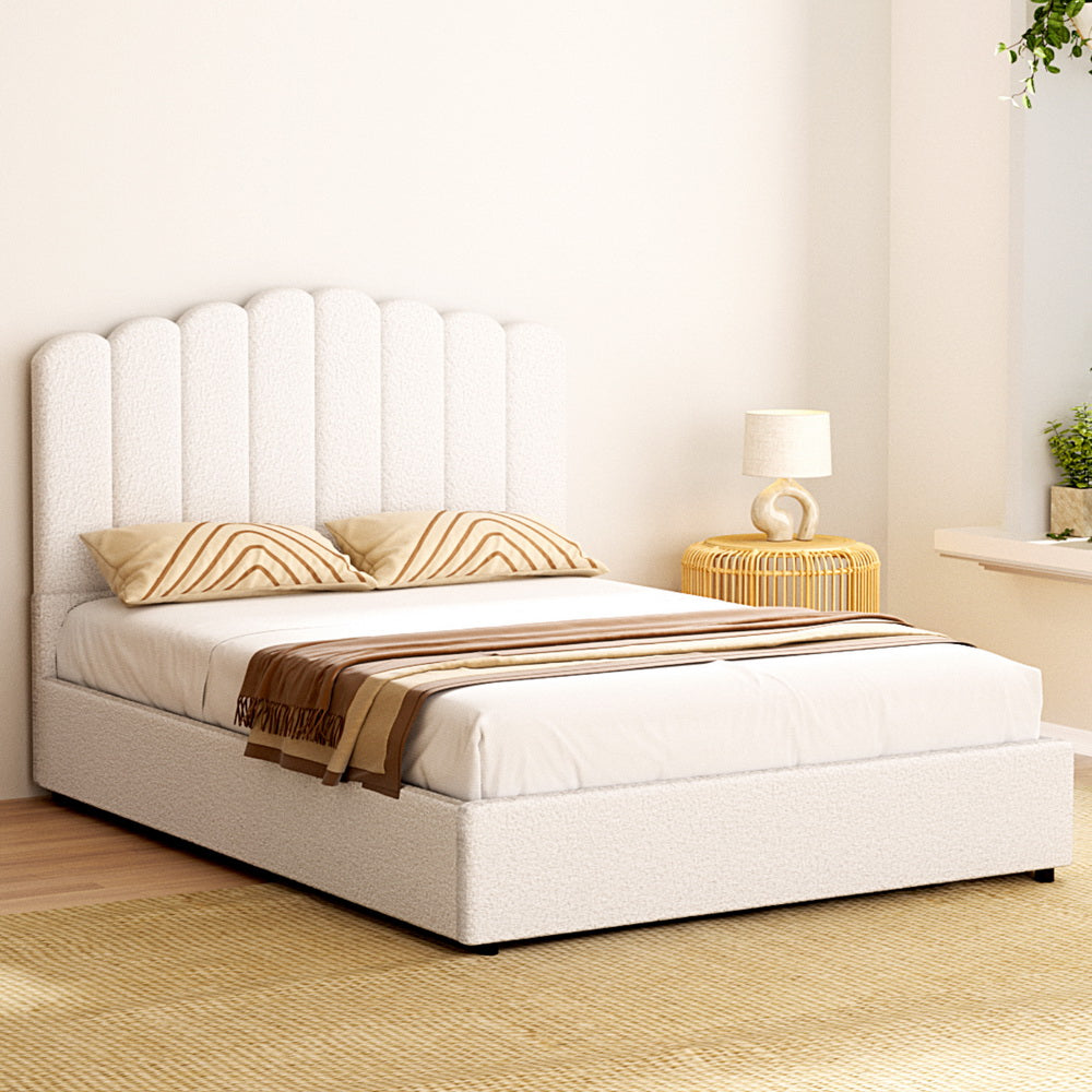Fion Double Boucle Storage Bed - Cream White with scalloped headboard in boucle fabric, styled in neutral bedroom setting