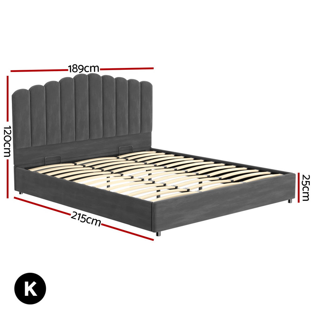 Fion King Velvet Storage Bed - Grey with curved velvet headboard, wooden slats, and gas lift storage system dimensions shown