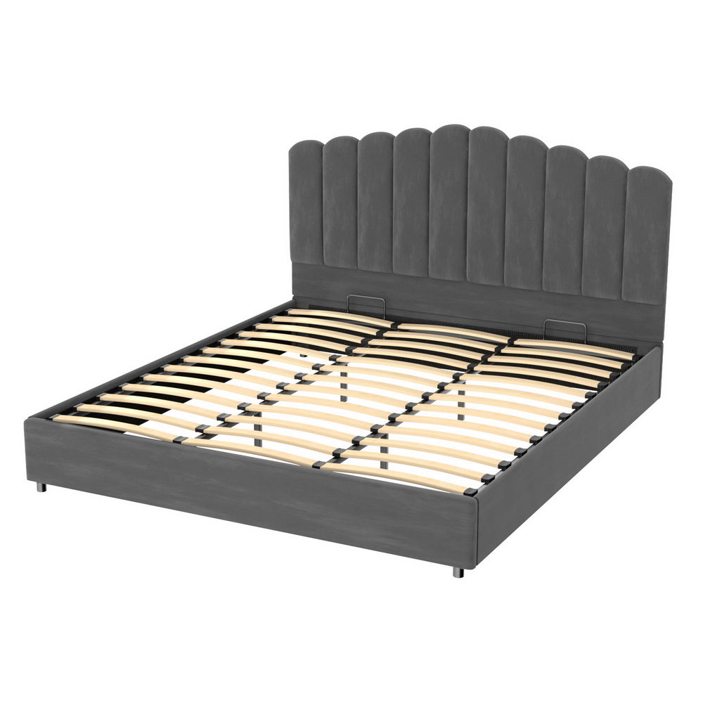 Fion King Velvet Storage Bed - Grey with plush upholstered headboard and wooden slats, modern bedroom furniture by Bedzy