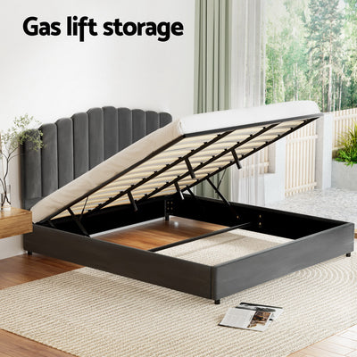 Fion King Velvet Storage Bed - Grey with gas lift mechanism, velvet upholstery, and spacious under-bed storage in modern bedroom setting