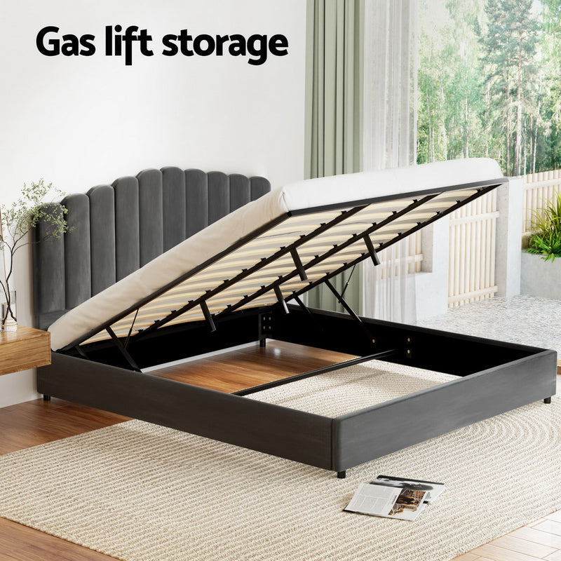 Fion King Velvet Storage Bed - Grey with gas lift mechanism, velvet upholstery, and spacious under-bed storage in modern bedroom setting