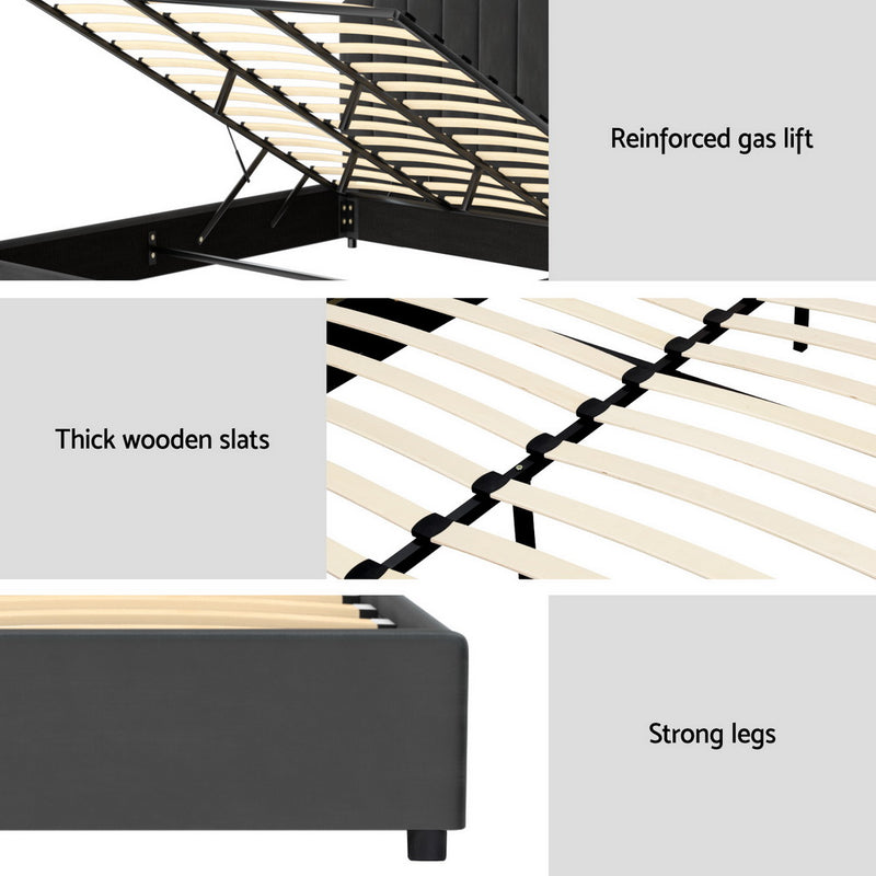 Close-up views of gas lift, thick wooden slats, and sturdy legs on the Fion King Velvet Storage Bed - Grey