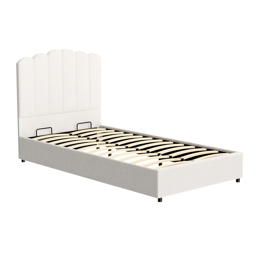 King Single Premium Package | Fion Boucle Gas Lift Bed Frame Cream White with wooden slats and scalloped headboard on white background