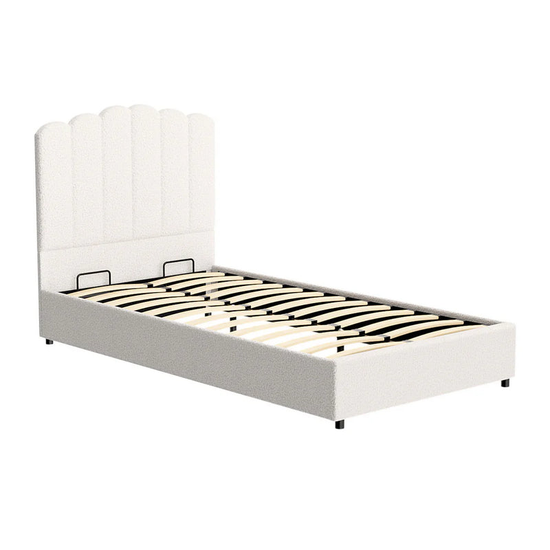 King Single Premium Package | Fion Boucle Gas Lift Bed Frame Cream White with wooden slats and scalloped headboard on white background
