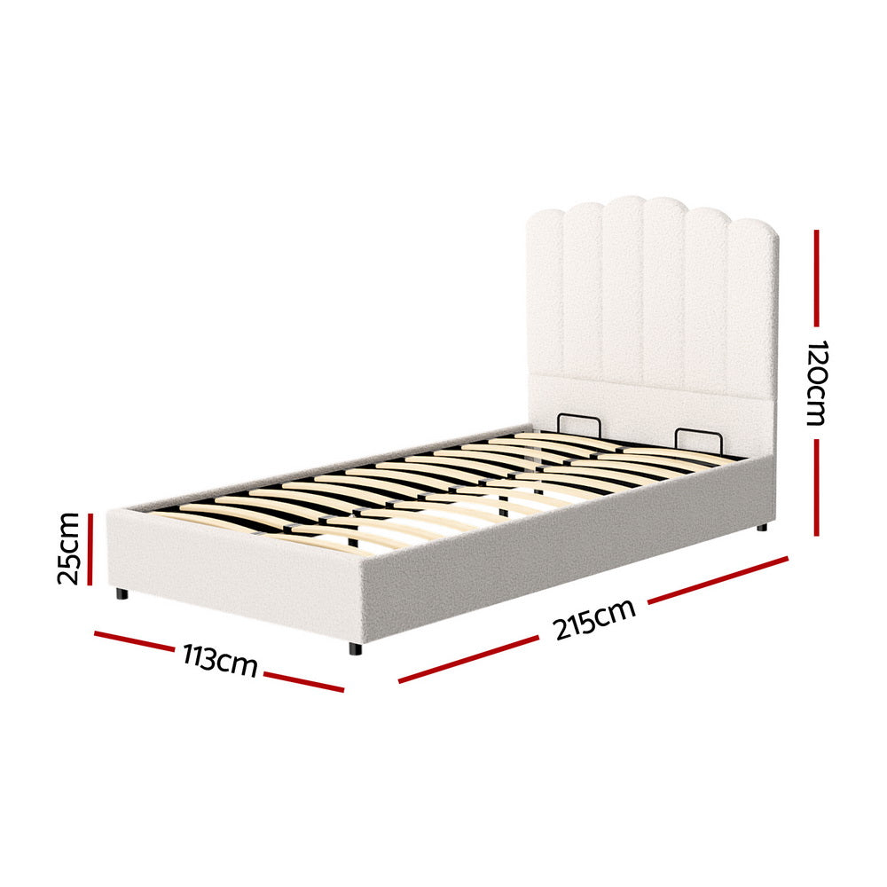 Fion King Single Boucle Storage Bed - Cream White with upholstered headboard and wooden slats, measuring 215x113x120cm.