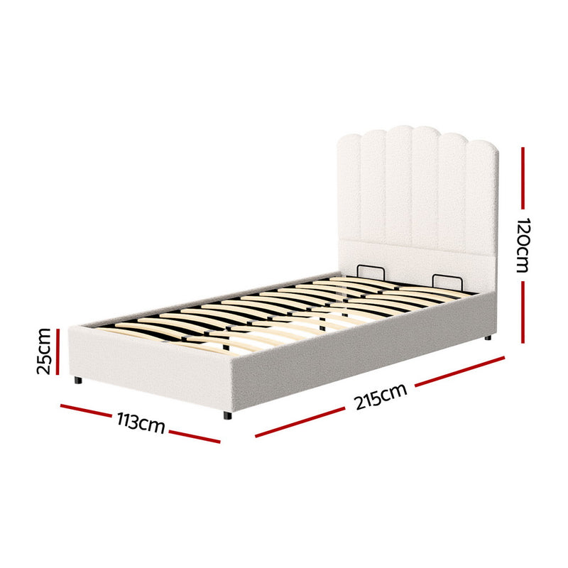 Fion King Single Boucle Storage Bed - Cream White with upholstered headboard and wooden slats, measuring 215x113x120cm.