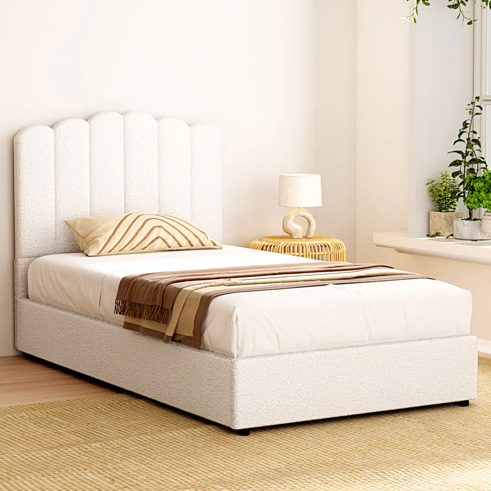 King Single Premium Package | Fion Boucle Gas Lift Bed Frame Cream White, Algarve Euro Top Pocket Spring Mattress (Medium Firm) & Pillowtop Mattress Topper