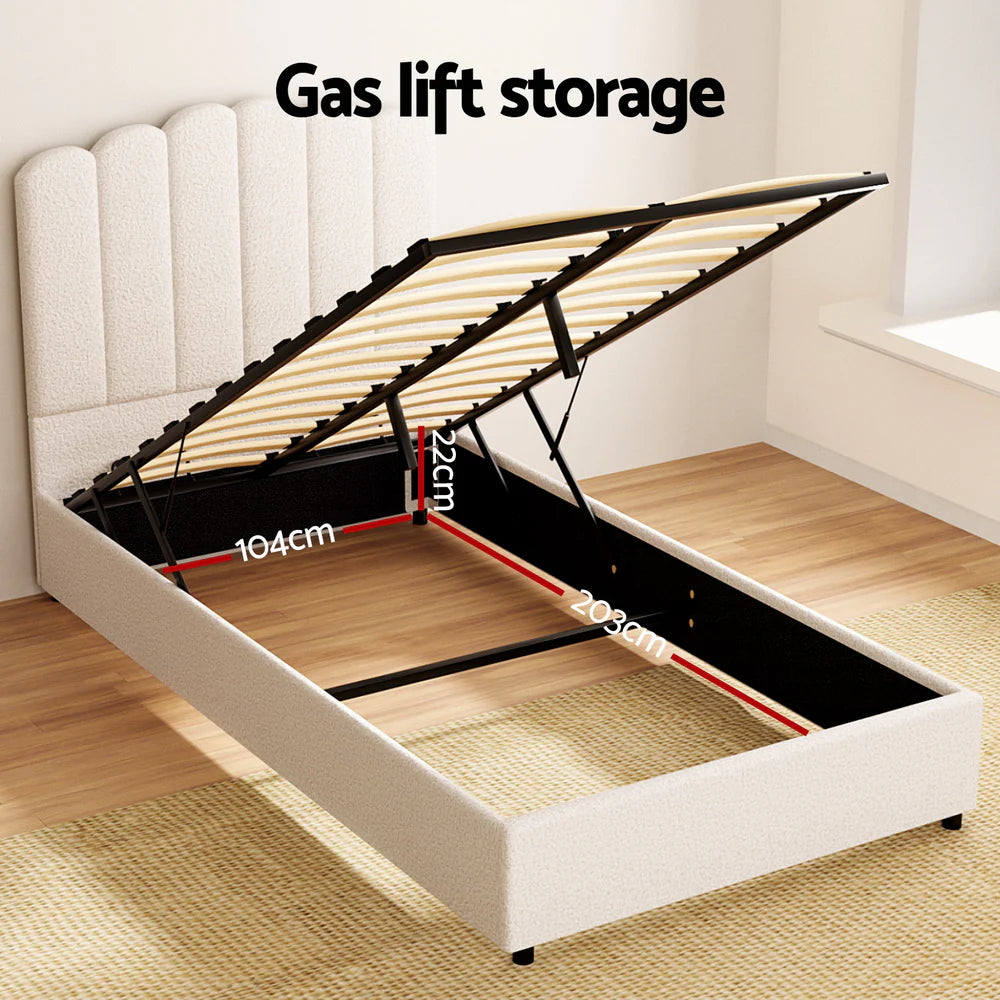 King Single Premium Package | Fion Boucle Gas Lift Bed Frame Cream White, Algarve Euro Top Pocket Spring Mattress (Medium Firm) & Pillowtop Mattress Topper