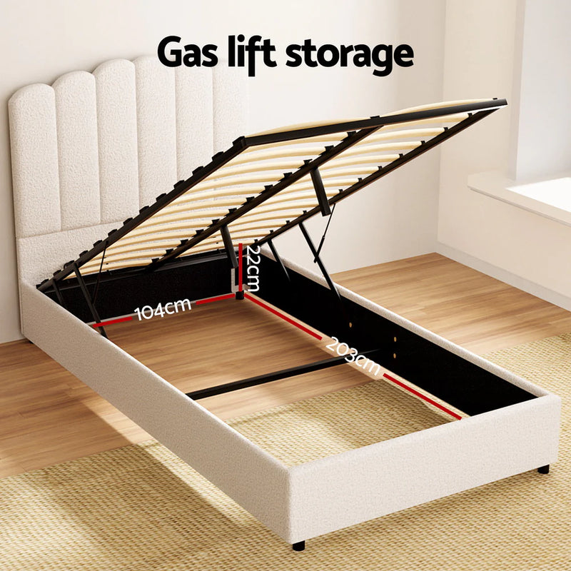 King Single Premium Package | Fion Boucle Gas Lift Bed Frame Cream White with gas lift storage open on wooden floor