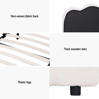 Detail collage of Fion King Single Boucle Storage Bed - Cream White showing fabric back, wooden slats, and plastic legs