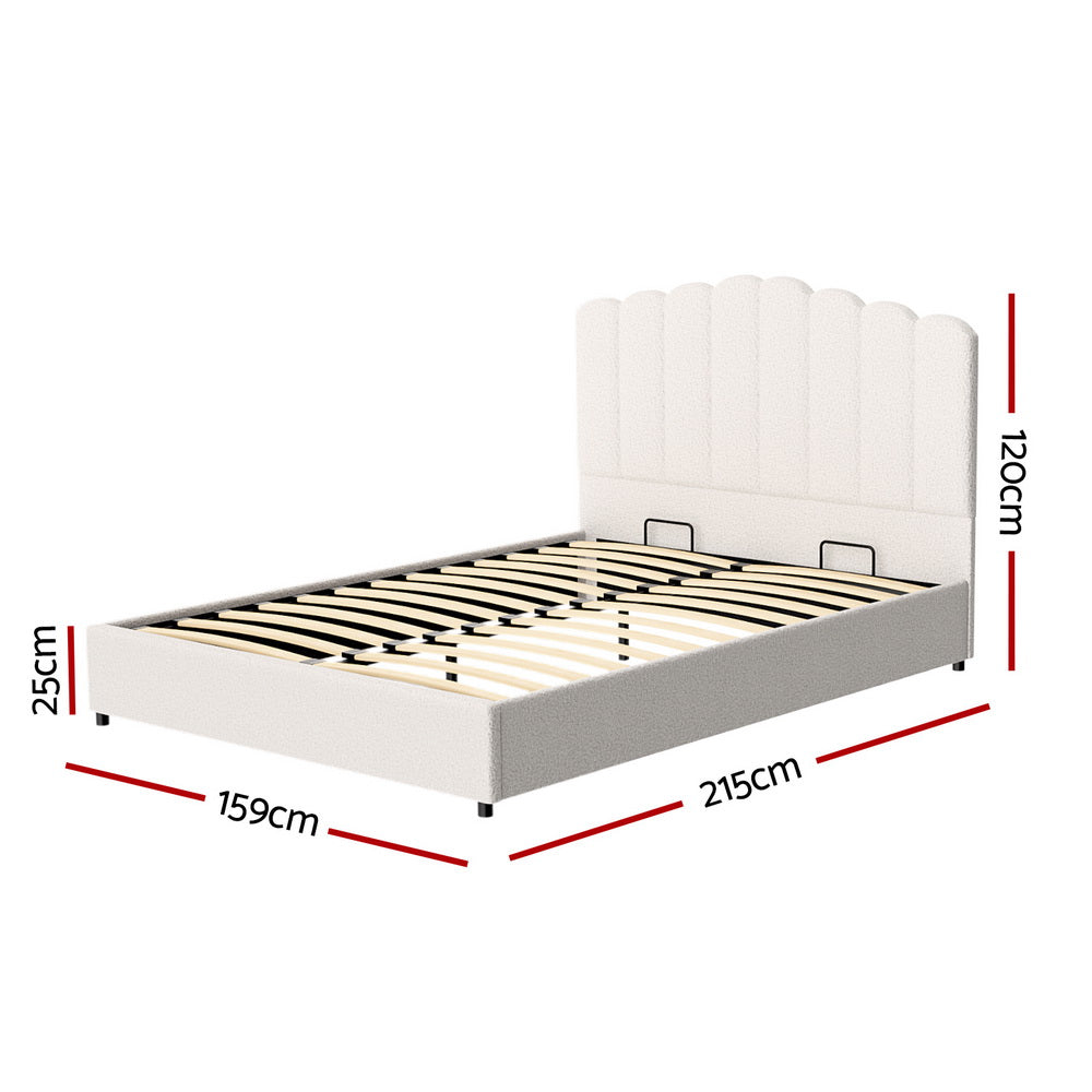 Fion Queen Boucle Storage Bed - Cream White with tall scalloped headboard, wooden slats, and gas lift storage system