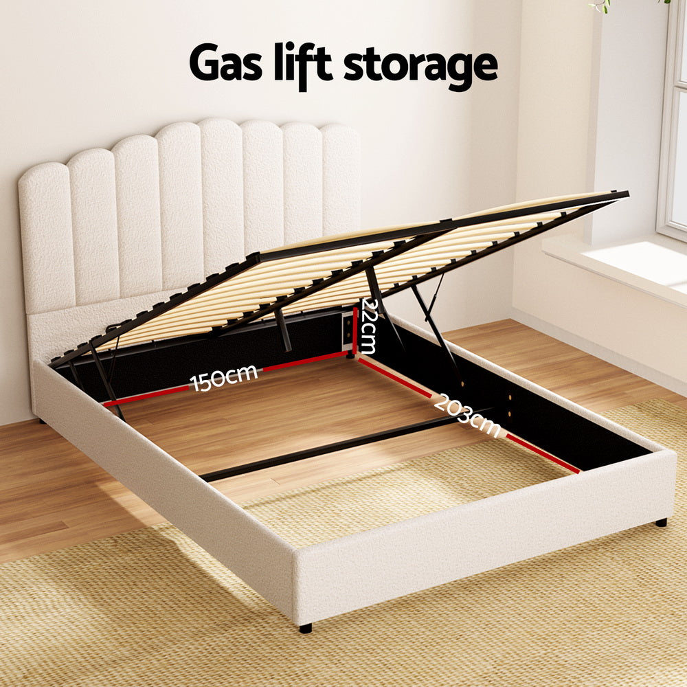 Fion Queen Boucle Storage Bed - Cream White with gas lift storage, upholstered headboard, and wooden slats in bedroom setting