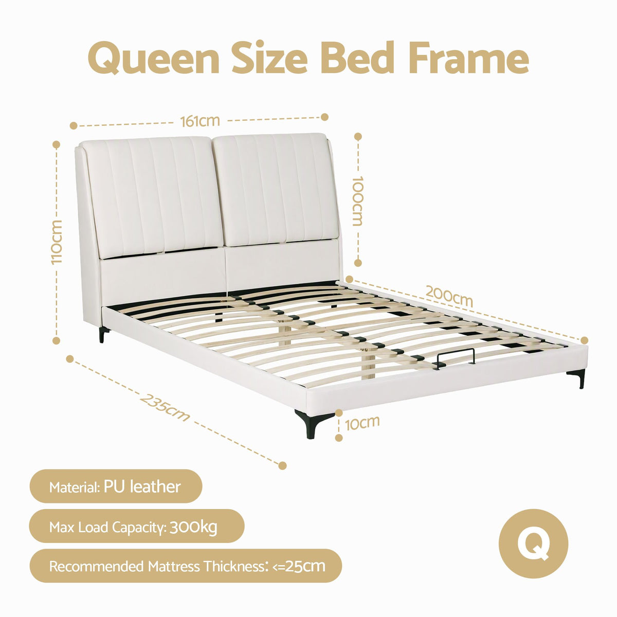 Queen Size Bed Frame with Adjustable PU Leather Headboard