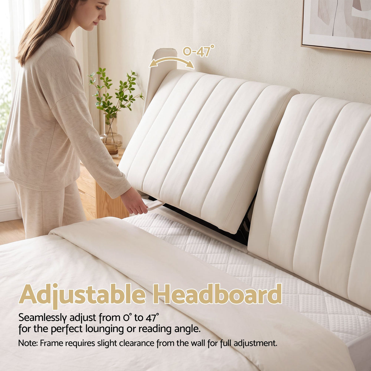 Queen Size Bed Frame with Adjustable PU Leather Headboard