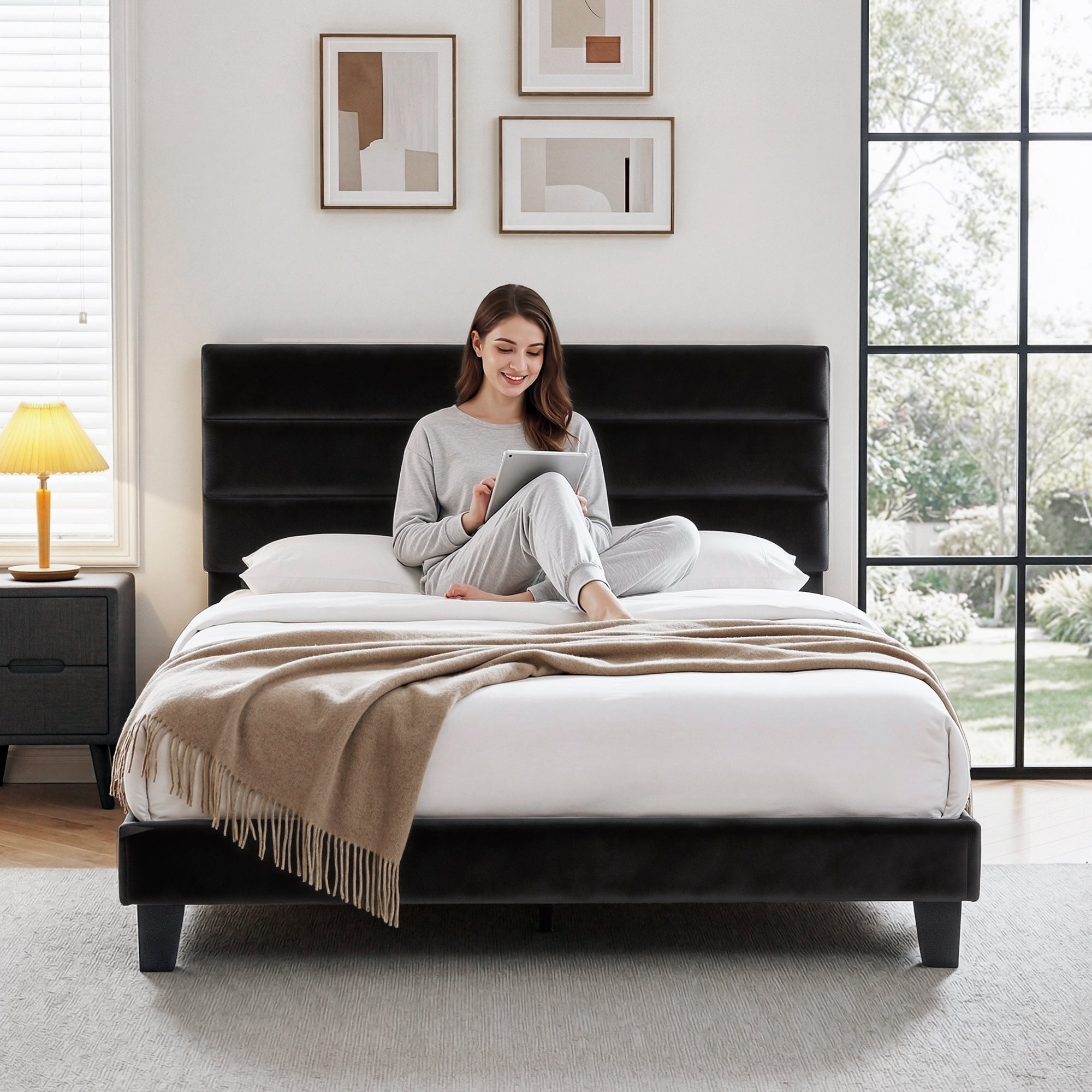 Double Package | Hush Velvet Bed Frame Black & Serenity Euro Top Mattress (Medium Firm)