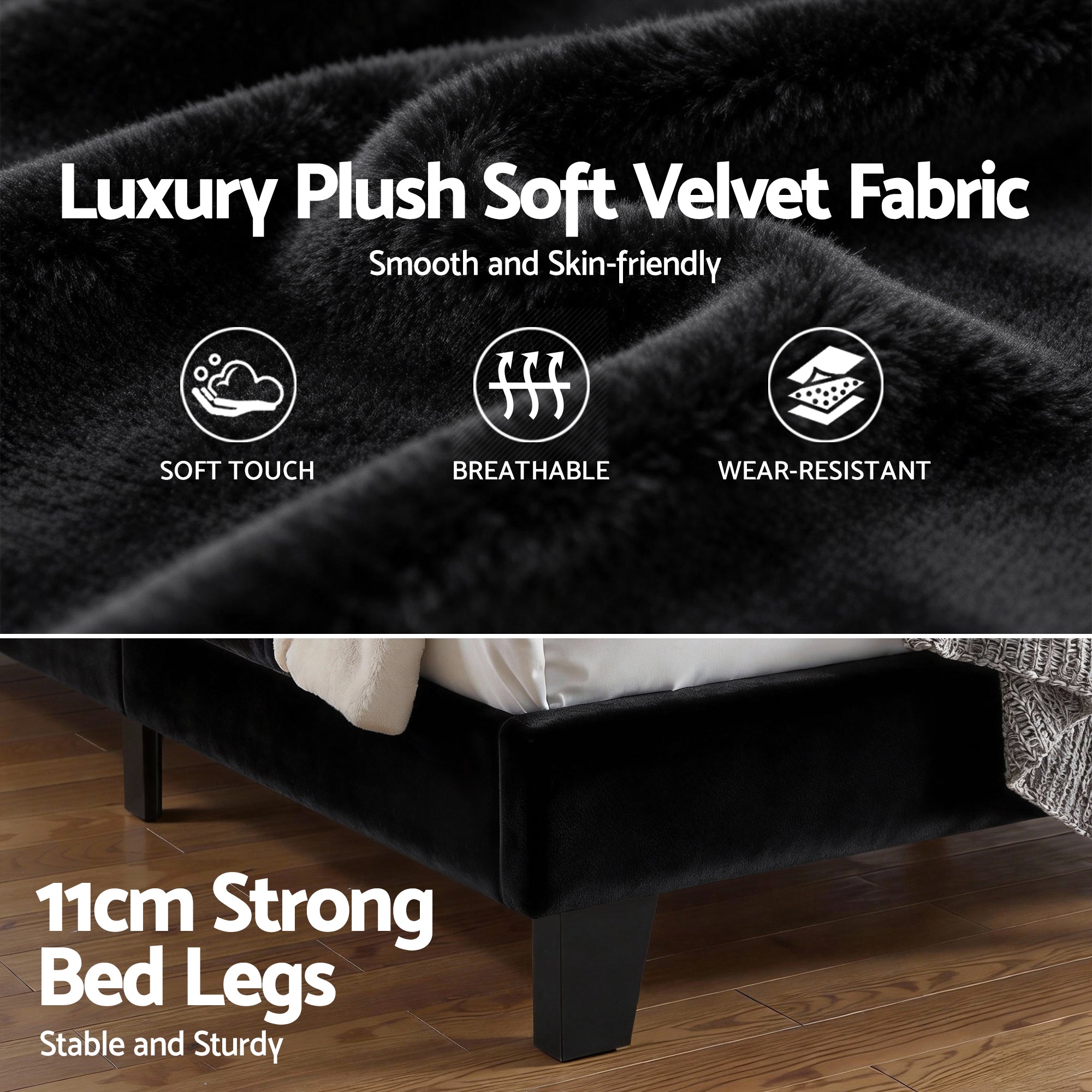 Double Package | Hush Velvet Bed Frame Black & Serenity Euro Top Mattress (Medium Firm)