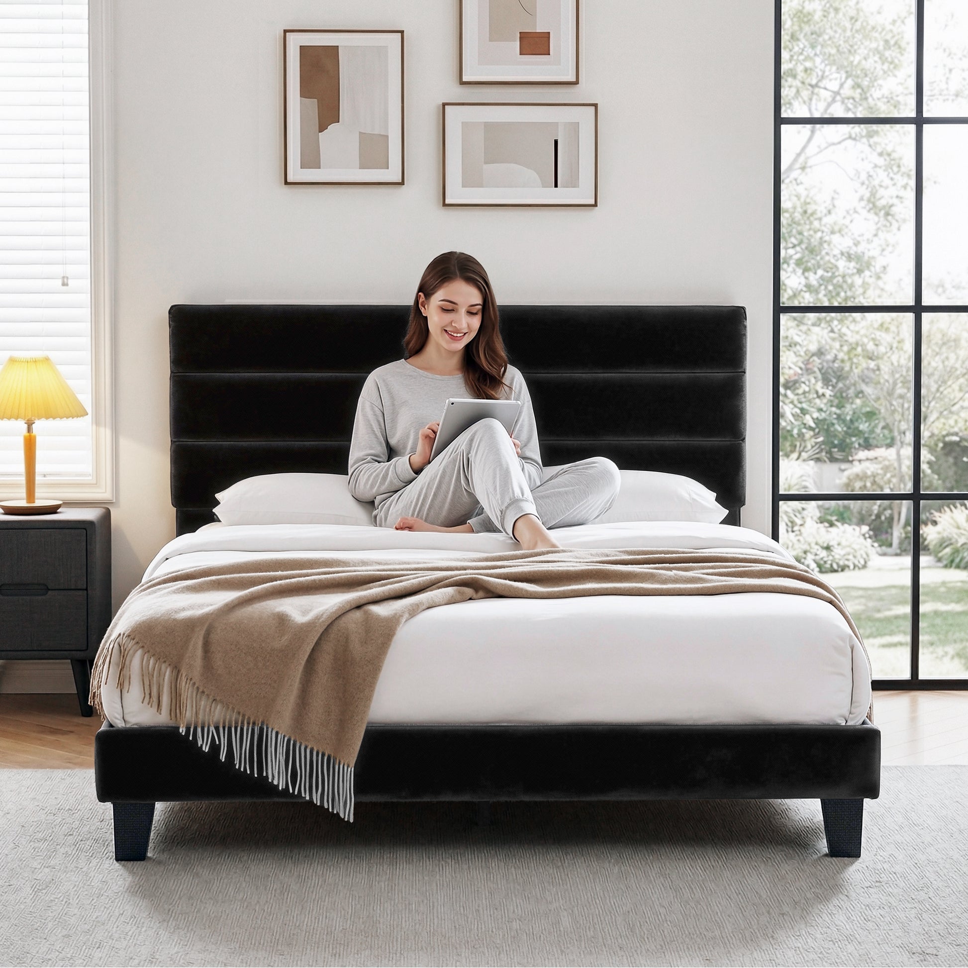 Hush King Upholstered Bed Frame with Linen Headboard - Black-4