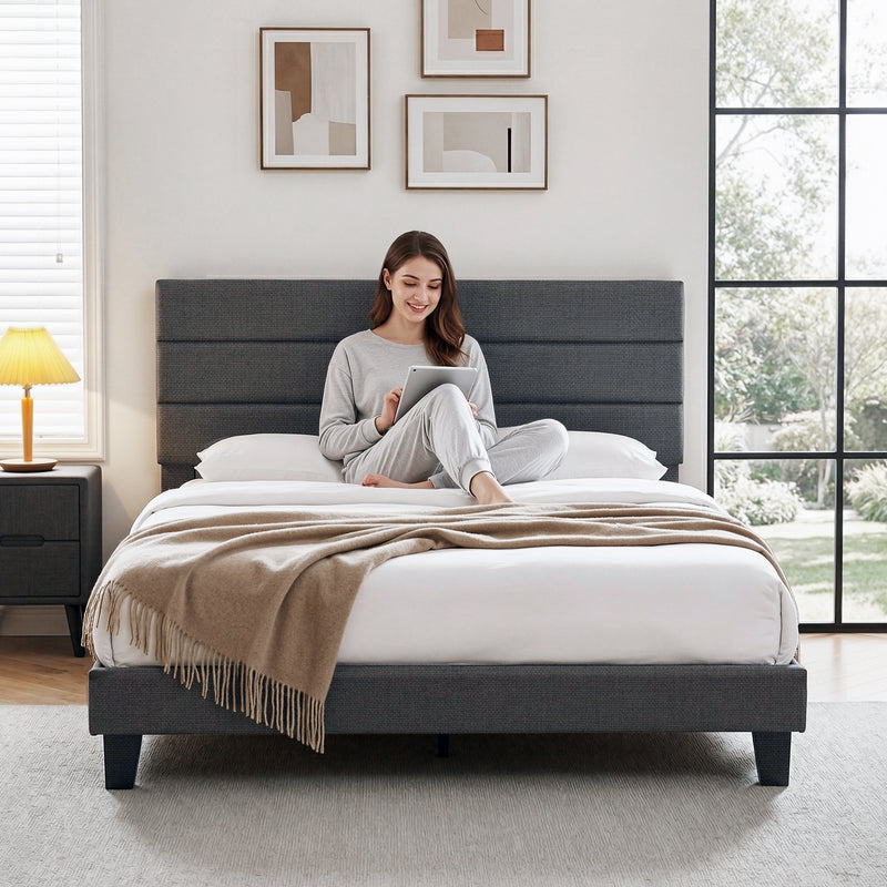 Hush King Linen Upholstered Bed Frame - Dark Grey-4
